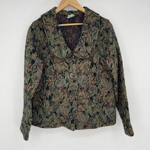 Vintage Tapestry Blazer Dark Green Leaves Jacquard Brocade Buttons Women's Large